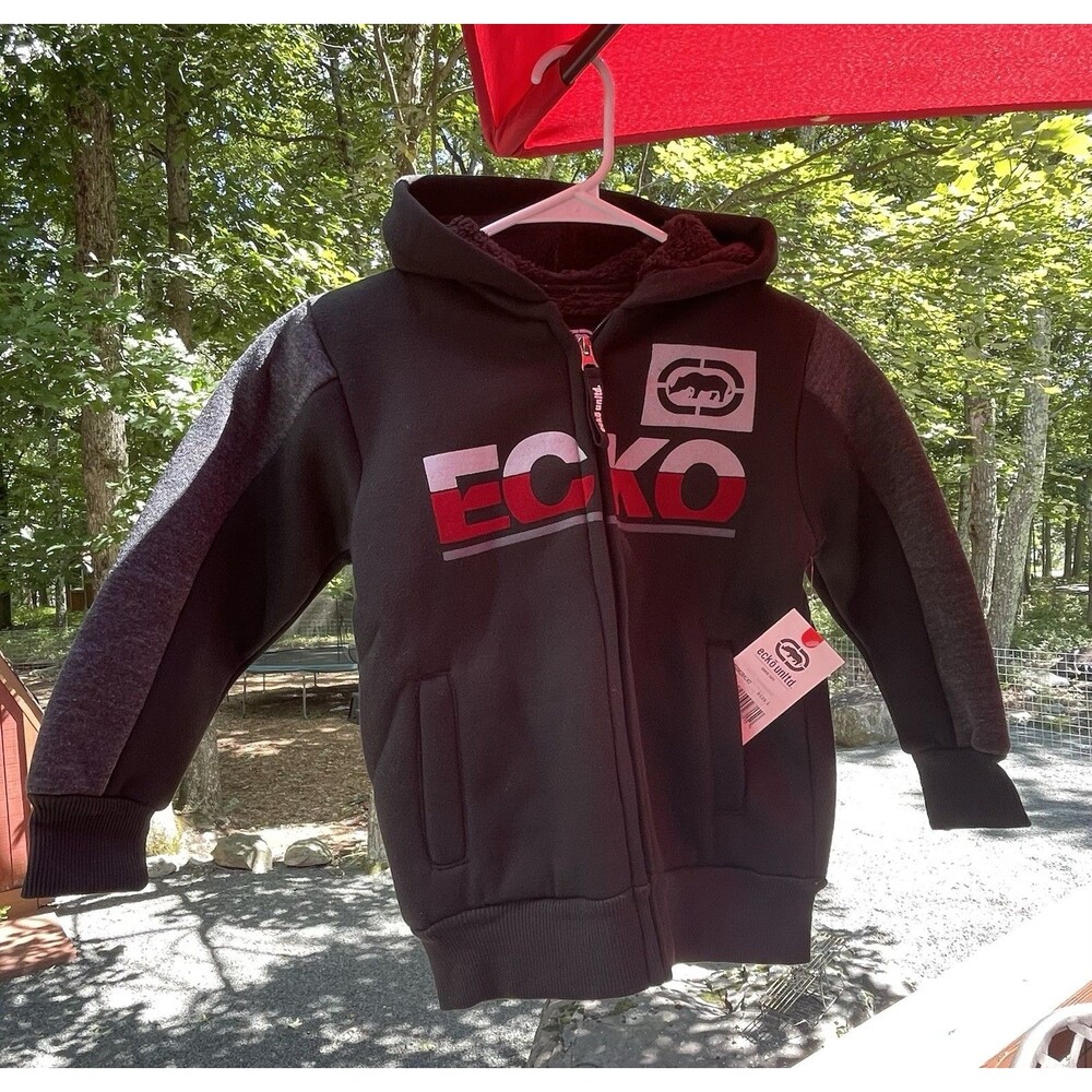 Ecko Unltd Boys Size Large 7 Full Zip Hoodie Jacket Black Sherpa Lined Logo